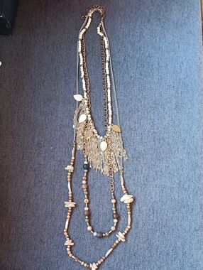 Multi-Strand Gold and Beige Boho Necklace with Leaf Charms
